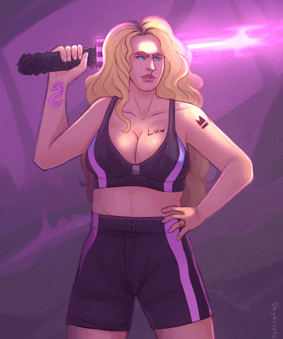 shaded sketch of Rebecka holding the fire flasher, ready to attack. She is surrounded by her fire power, on and around her weapon.