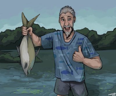 orion holding a fish he caught