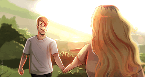 a cute character scene of lui and rebeckaa holding hands with sunset in the background.